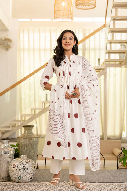 Poshart White Polka Kurta Pant Duptta Set.