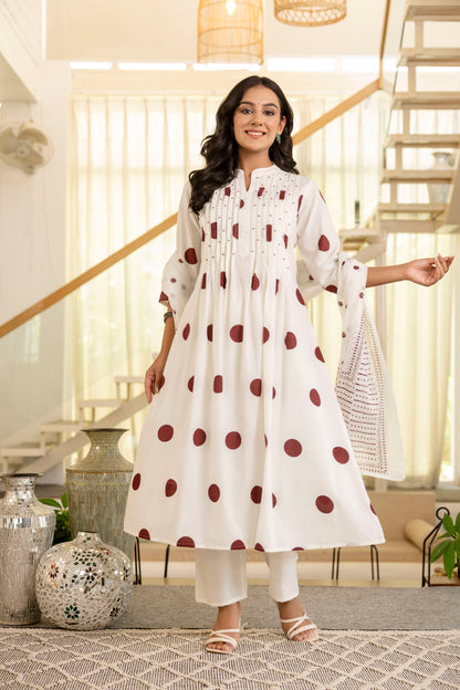 Poshart White Polka Kurta Pant Duptta Set.
