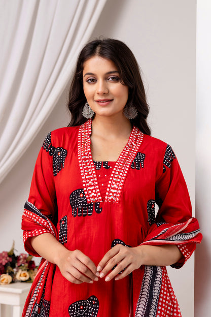 Poshart Hathi Print Cotton Kurta Pant Duptta Set.