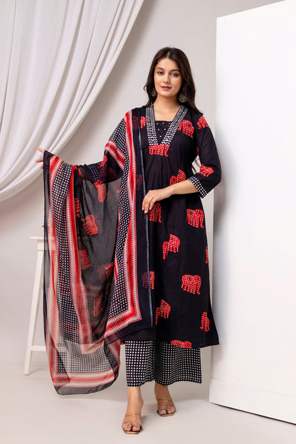 Poshart Hathi Print Cotton Kurta Pant Duptta Set.