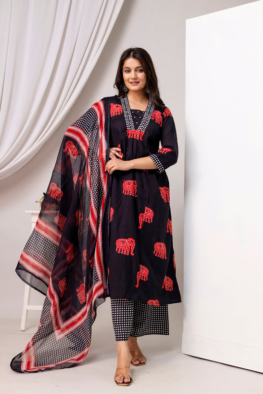 Poshart Hathi Print Cotton Kurta Pant Duptta Set.