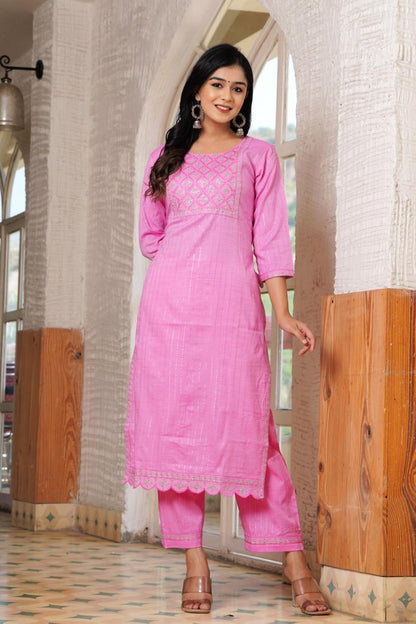 PoshArt Pink Lurex Kurti Pant With Duptta Set