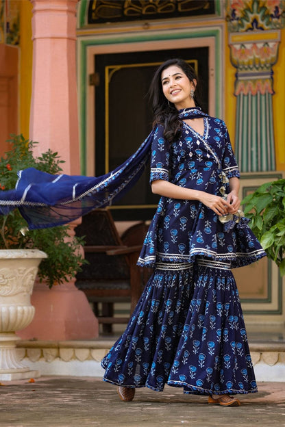 PoshArt's Indigo Blue Printed Sharara Set With Dupatta