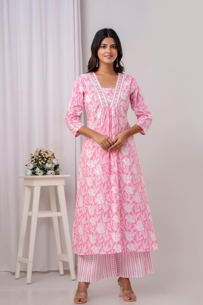 PoshArt Pink Floral A-Line Kurta Set With Dupatta