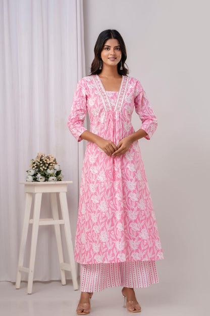 PoshArt Pink Floral A-Line Kurta Set With Dupatta