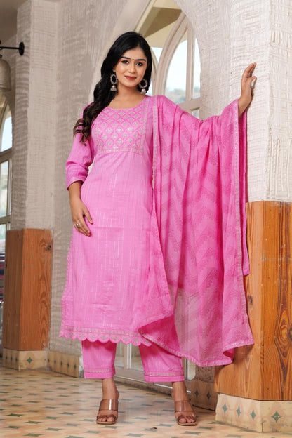 PoshArt Pink Lurex Kurti Pant With Duptta Set