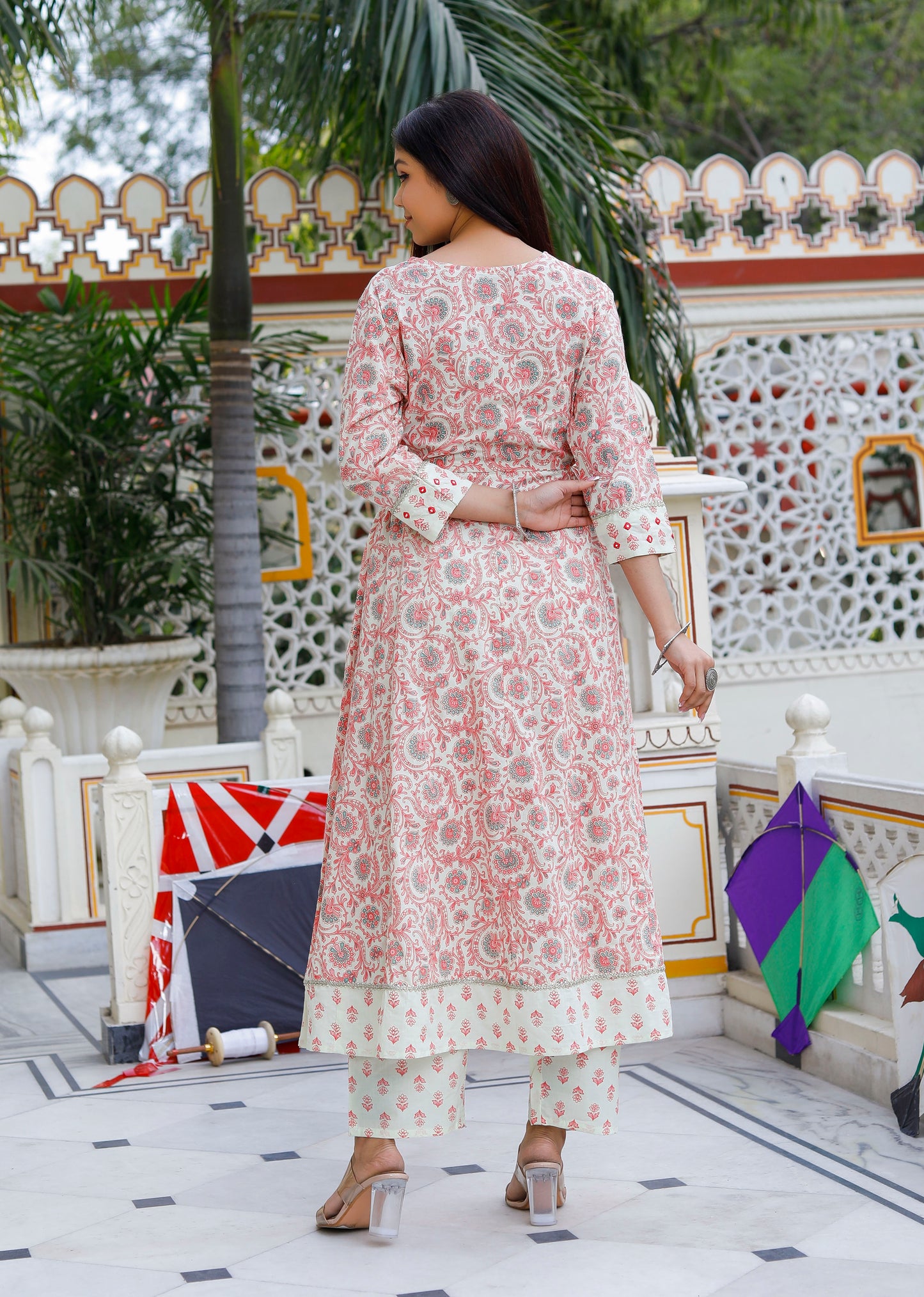 PoshArt Pink Mirror Work A-Line Kurta Pant and Dupatta