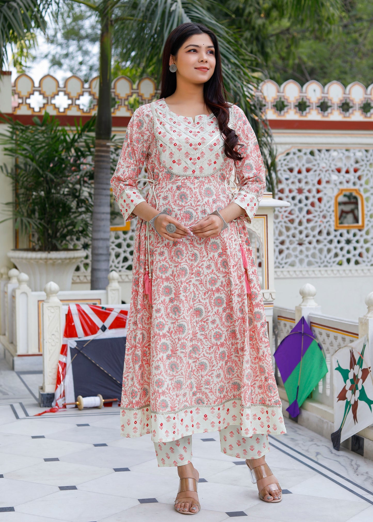 PoshArt Pink Mirror Work A-Line Kurta Pant and Dupatta