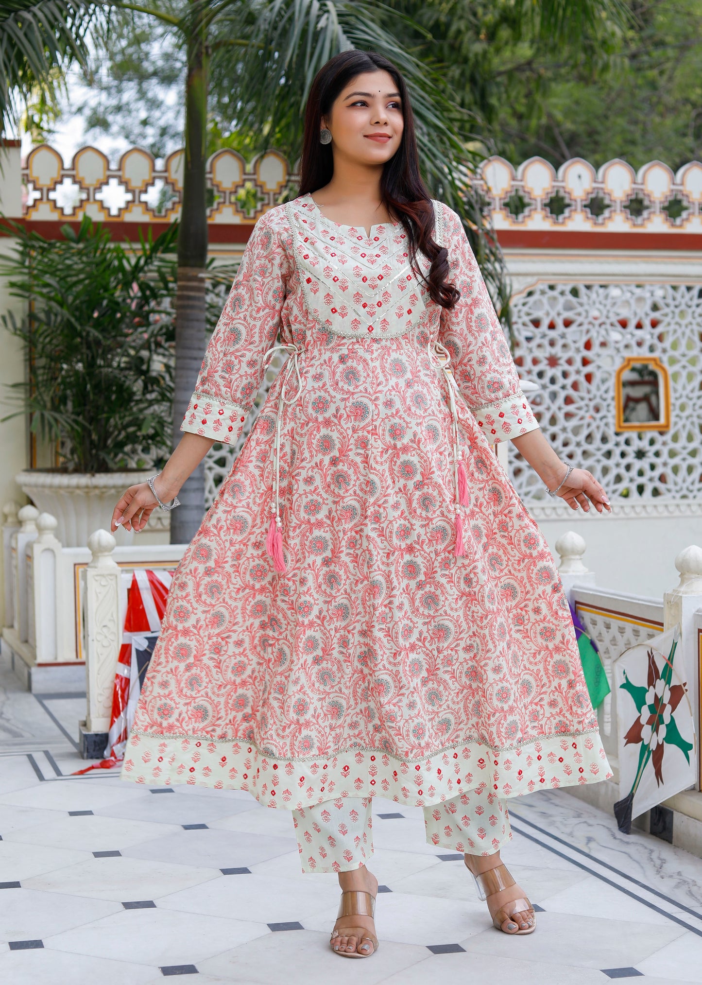 PoshArt Pink Mirror Work A-Line Kurta Pant and Dupatta