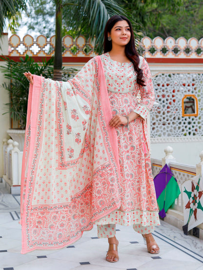 PoshArt Pink Mirror Work A-Line Kurta Pant and Dupatta