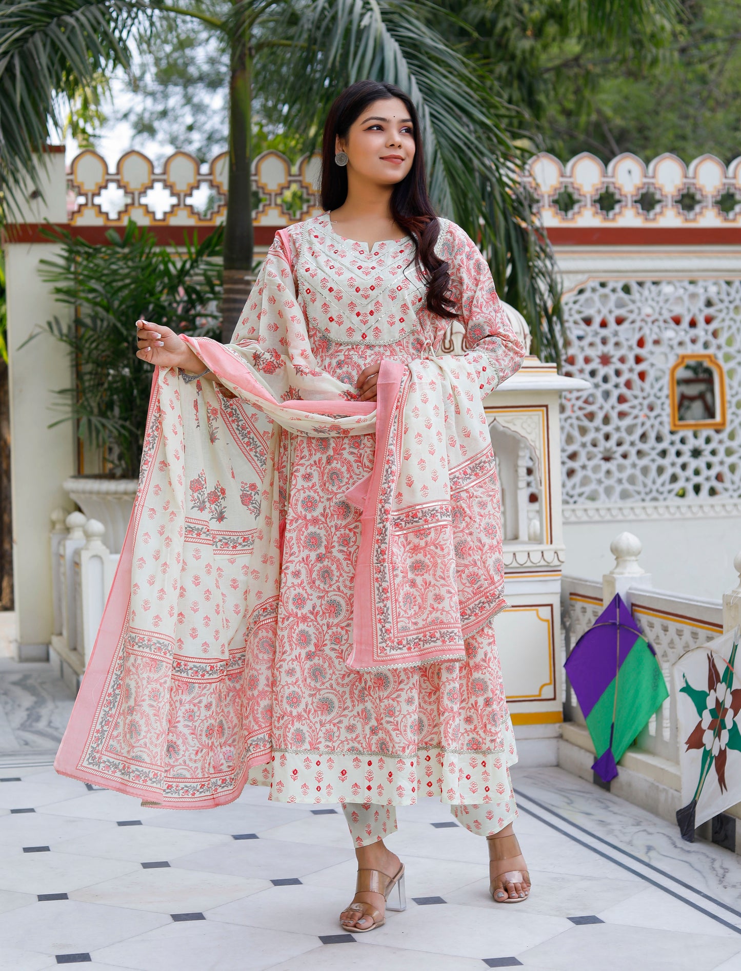 PoshArt Pink Mirror Work A-Line Kurta Pant and Dupatta