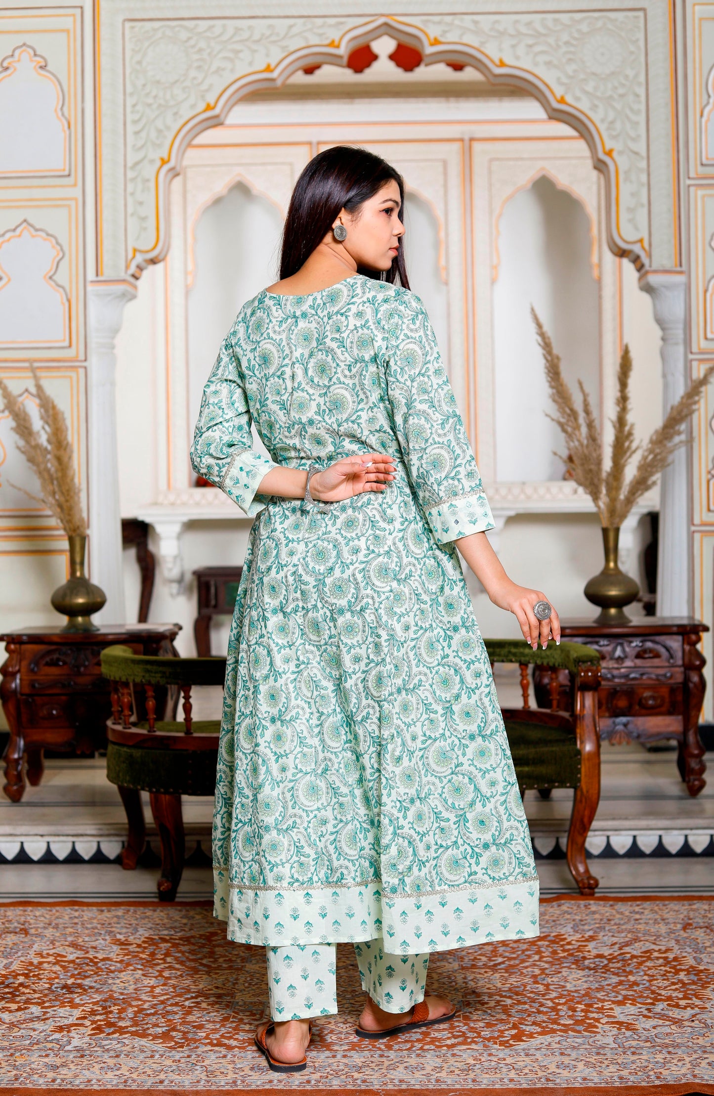 PoshArt Green Mirror Work A-Line Kurta Pant and Dupatta