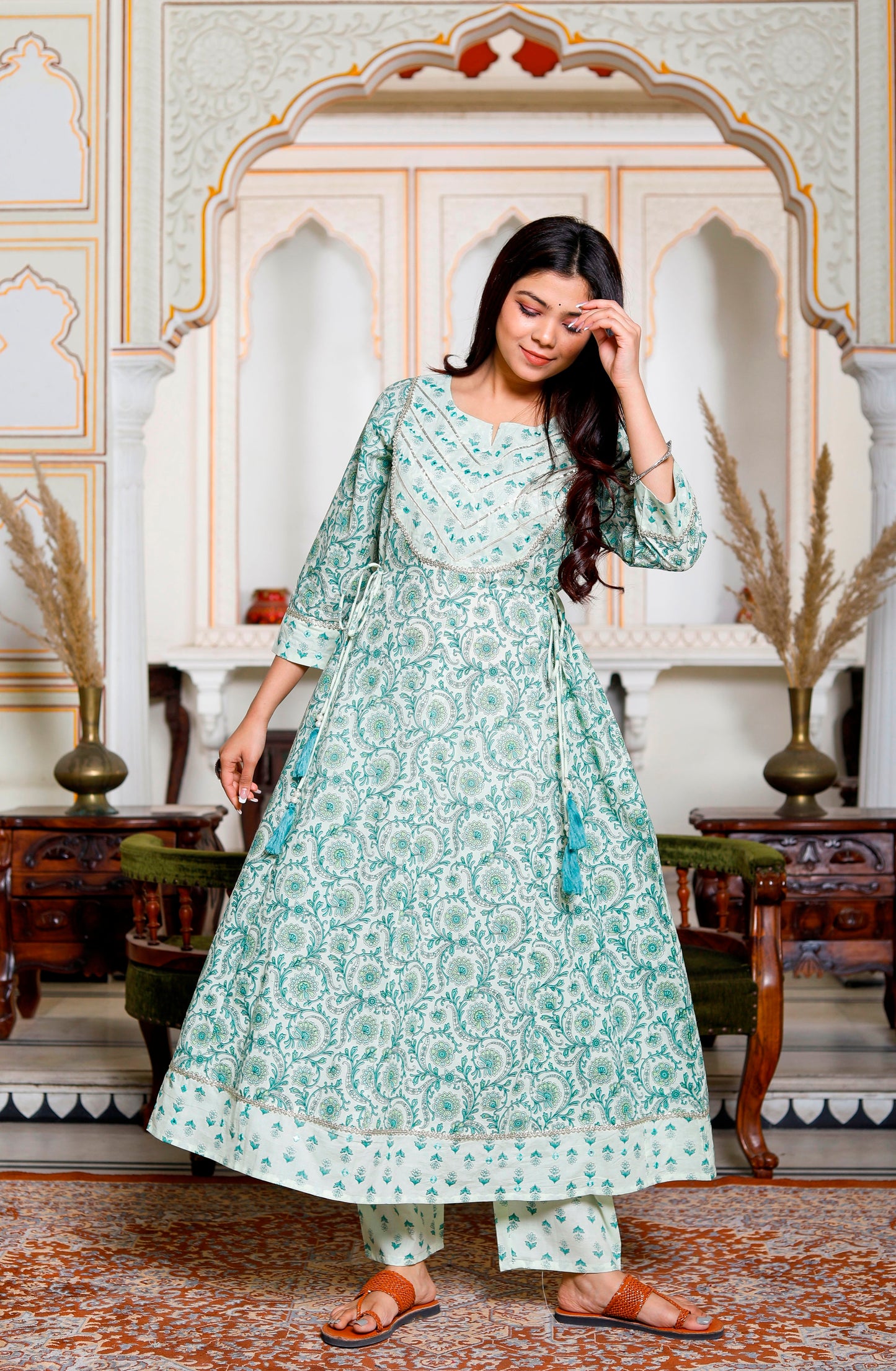 PoshArt Green Mirror Work A-Line Kurta Pant and Dupatta