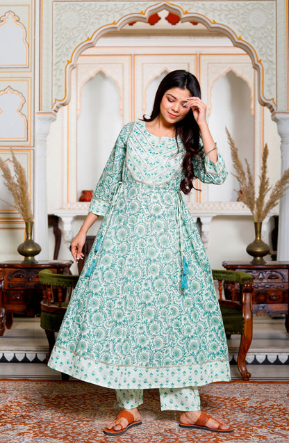 PoshArt Green Mirror Work A-Line Kurta Pant and Dupatta