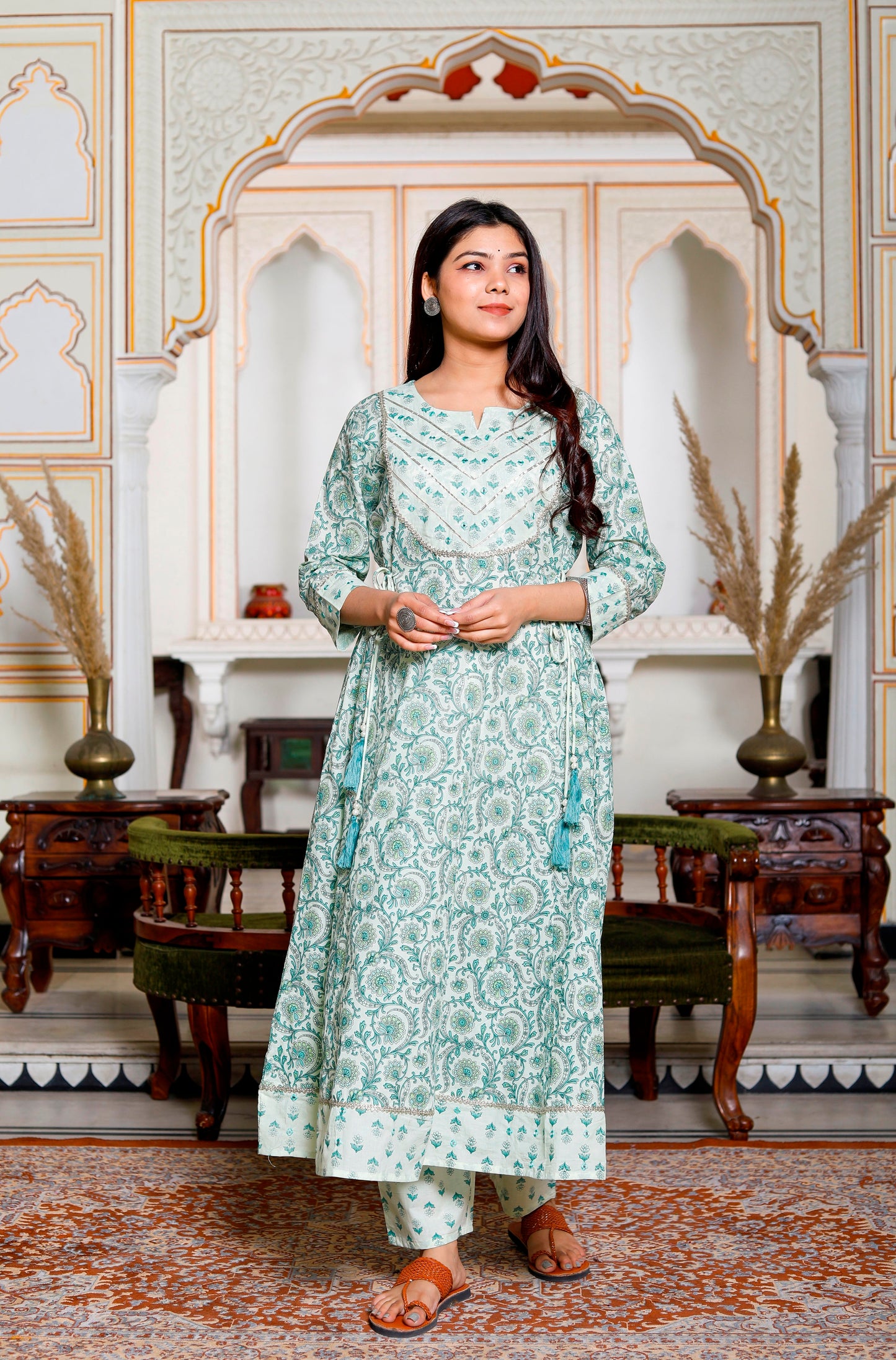 PoshArt Green Mirror Work A-Line Kurta Pant and Dupatta