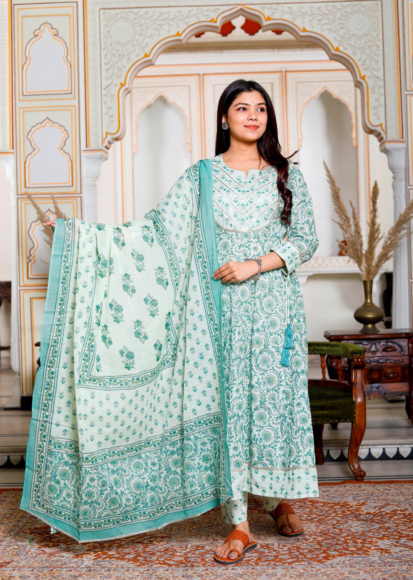 PoshArt Green Mirror Work A-Line Kurta Pant and Dupatta