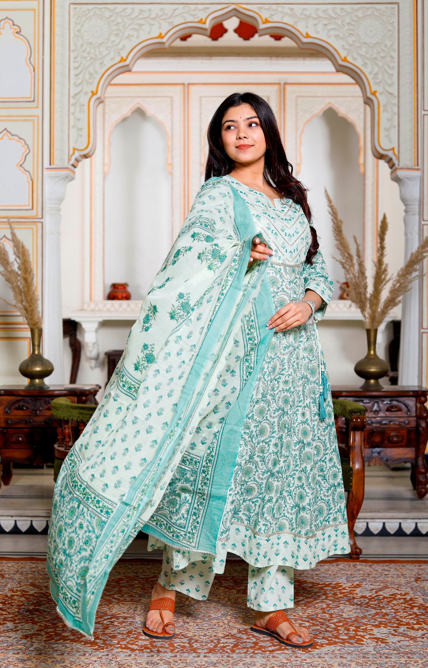PoshArt Green Mirror Work A-Line Kurta Pant and Dupatta