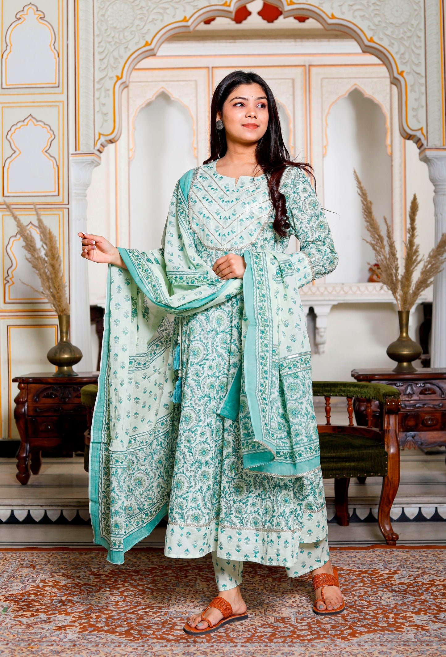 PoshArt Green Mirror Work A-Line Kurta Pant and Dupatta
