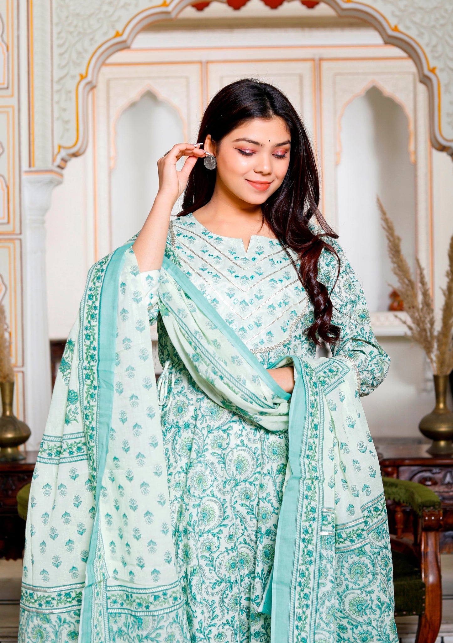PoshArt Green Mirror Work A-Line Kurta Pant and Dupatta