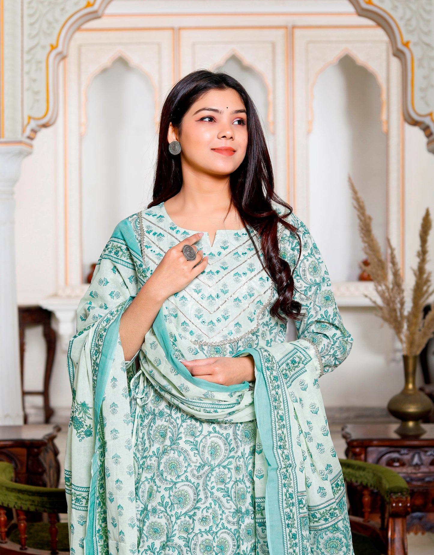 PoshArt Green Mirror Work A-Line Kurta Pant and Dupatta