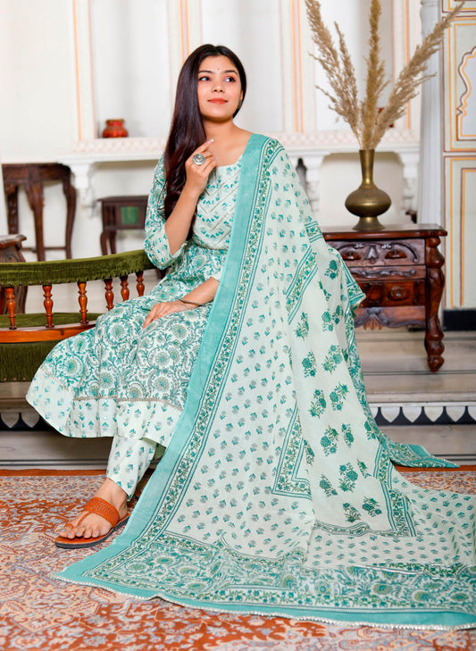 PoshArt Green Mirror Work A-Line Kurta Pant and Dupatta