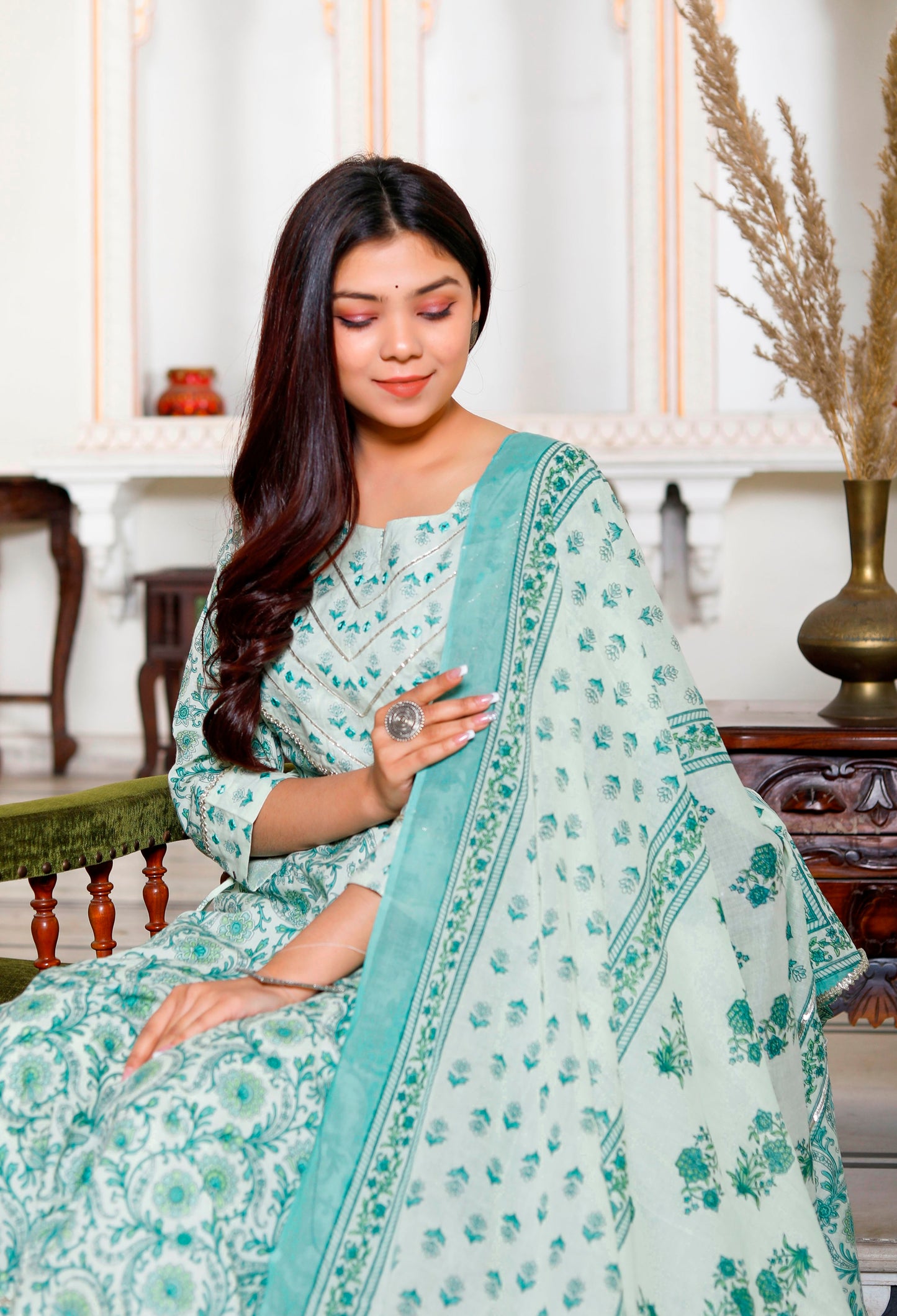 PoshArt Green Mirror Work A-Line Kurta Pant and Dupatta
