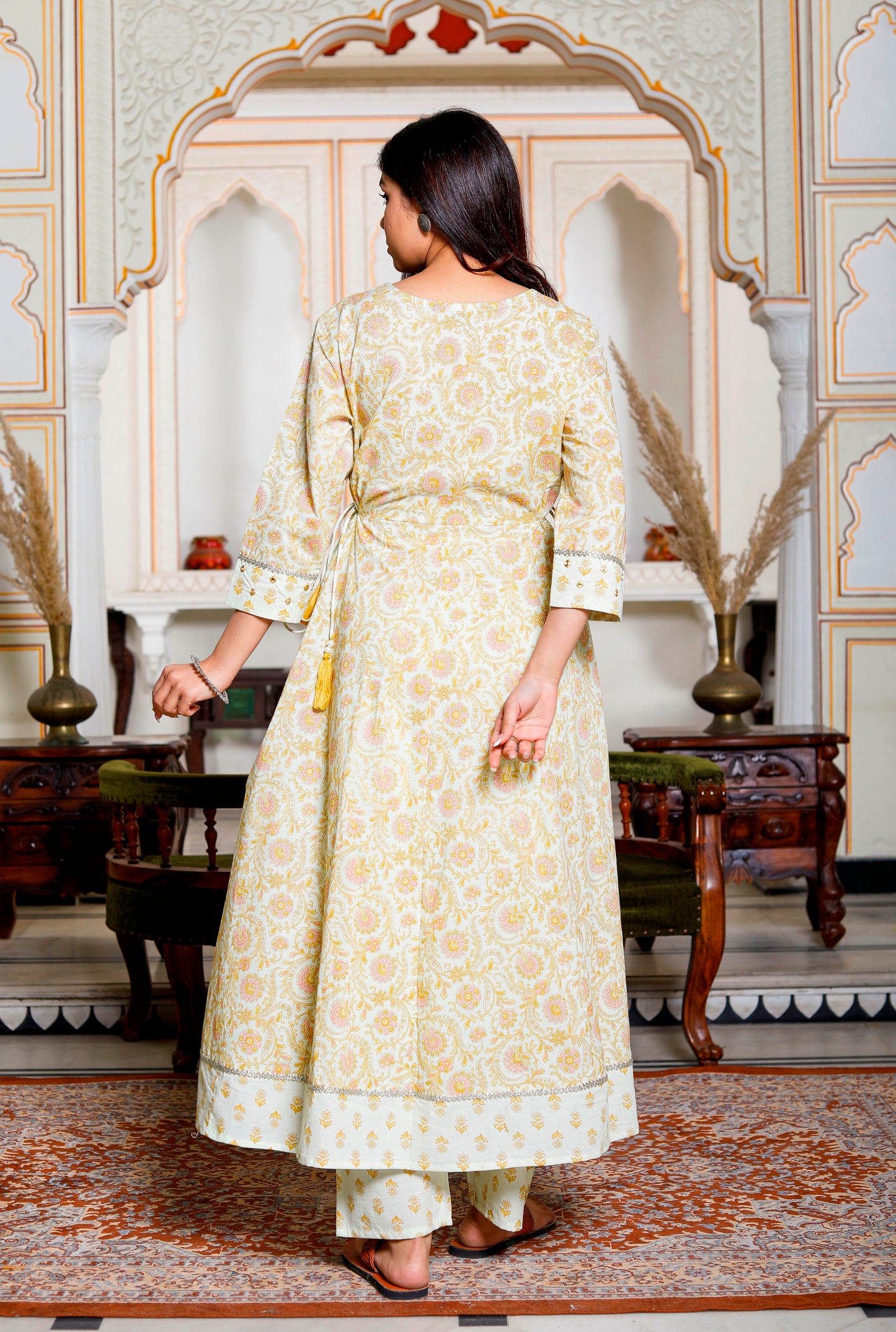 PoshArt Yellow Mirror Work A-Line Kurta Pant and Dupatta