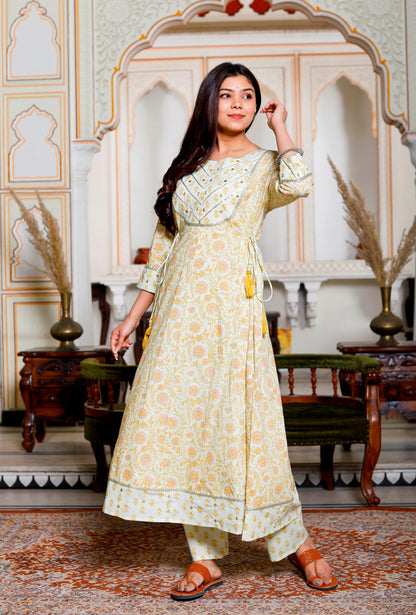 PoshArt Yellow Mirror Work A-Line Kurta Pant and Dupatta