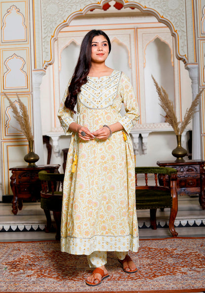 PoshArt Yellow Mirror Work A-Line Kurta Pant and Dupatta