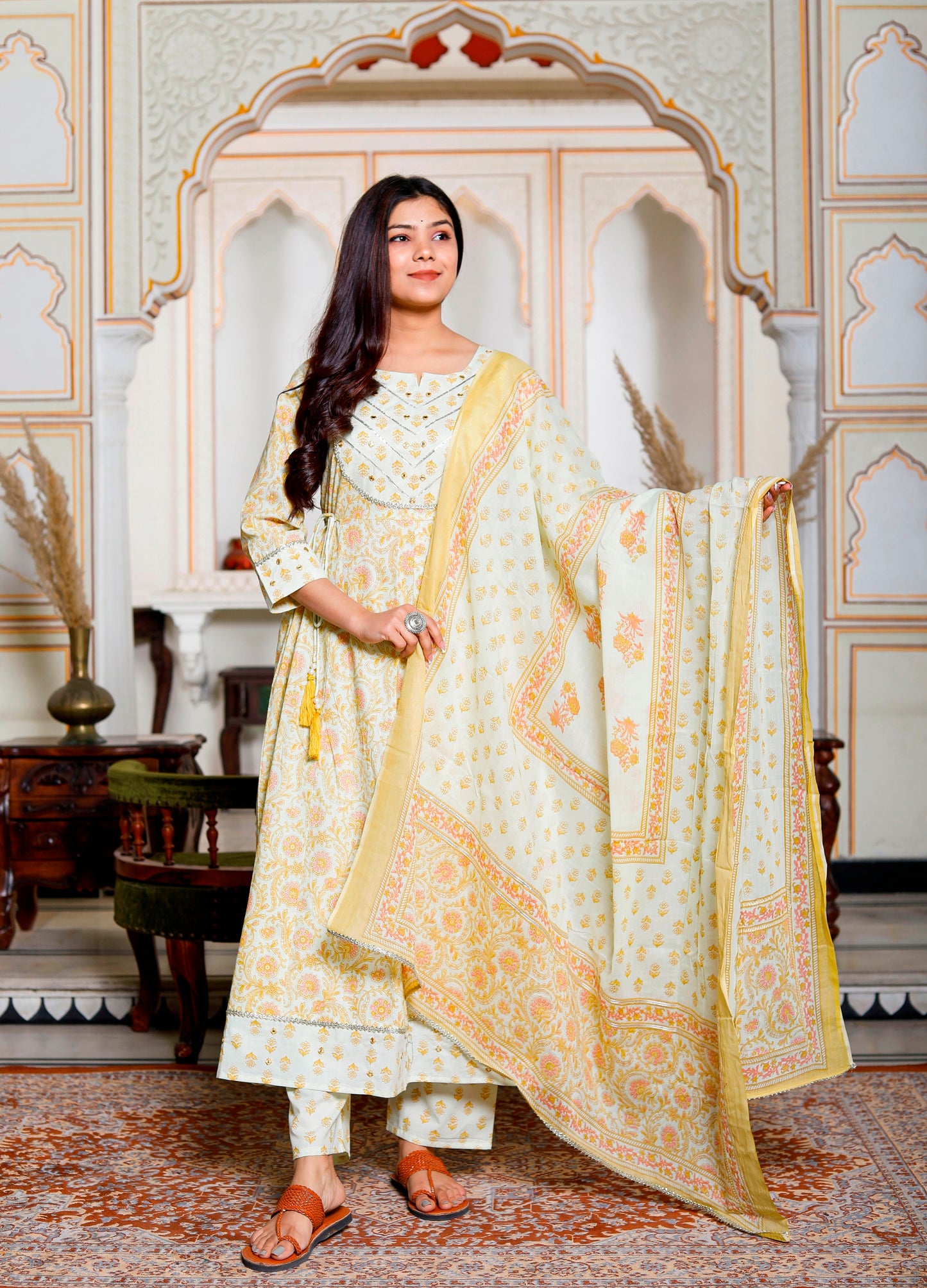 PoshArt Yellow Mirror Work A-Line Kurta Pant and Dupatta