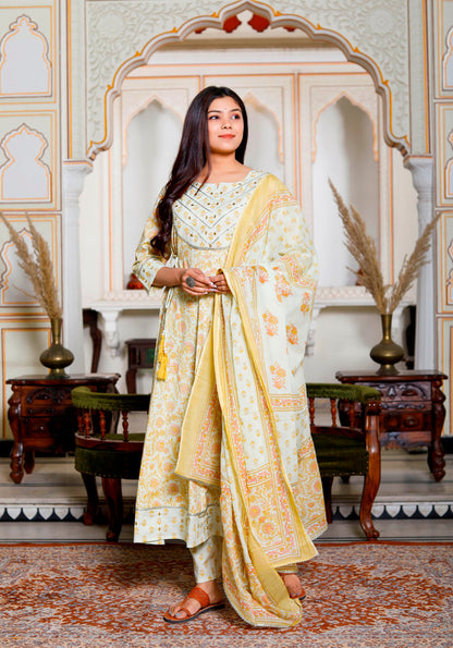 PoshArt Yellow Mirror Work A-Line Kurta Pant and Dupatta