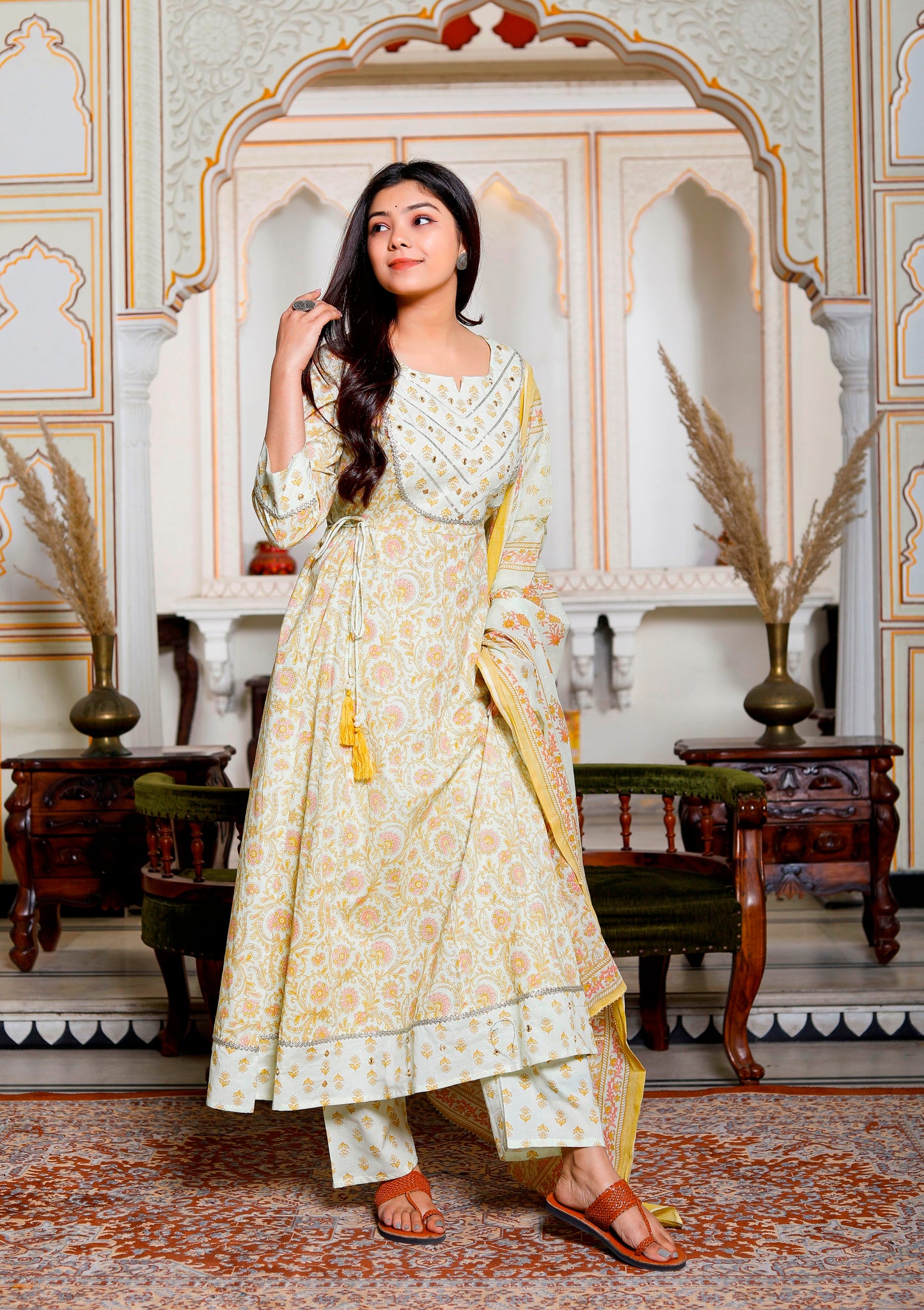 PoshArt Yellow Mirror Work A-Line Kurta Pant and Dupatta