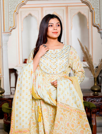 PoshArt Yellow Mirror Work A-Line Kurta Pant and Dupatta