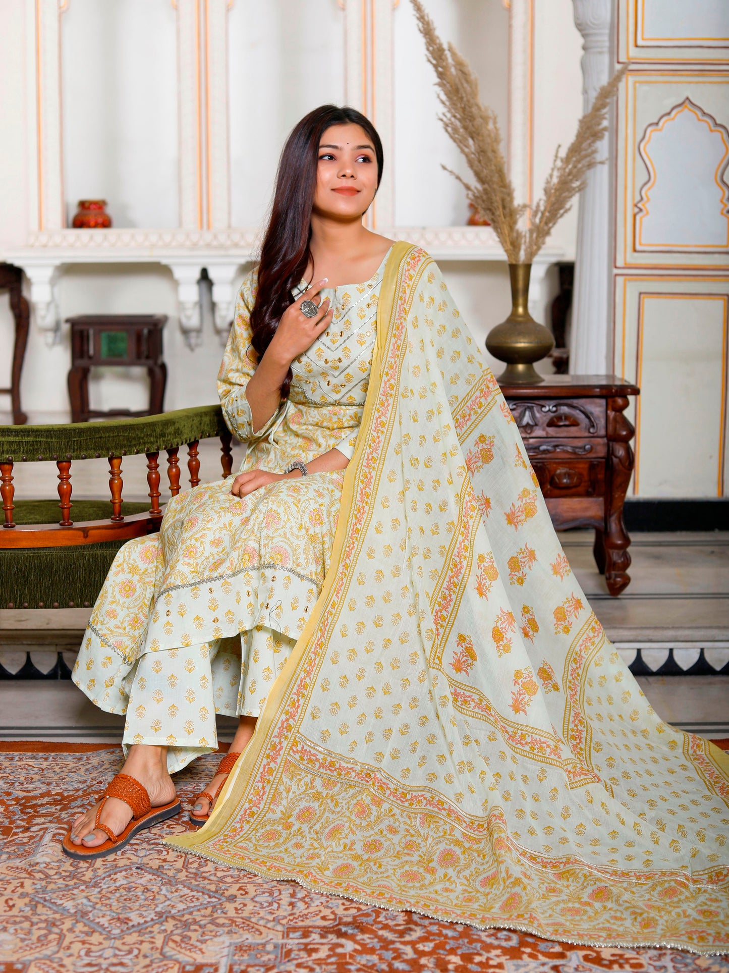 PoshArt Yellow Mirror Work A-Line Kurta Pant and Dupatta