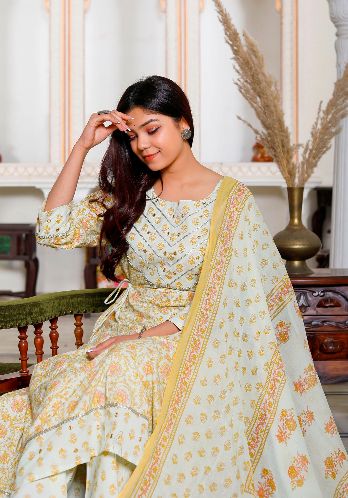 PoshArt Yellow Mirror Work A-Line Kurta Pant and Dupatta