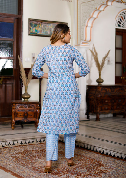 PoshArt Sky Blue Thread and Sequence Work Kurta Pant with Dupatta