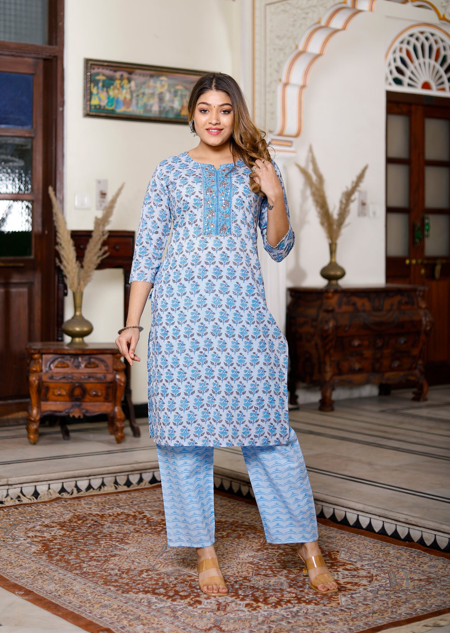 PoshArt Sky Blue Thread and Sequence Work Kurta Pant with Dupatta