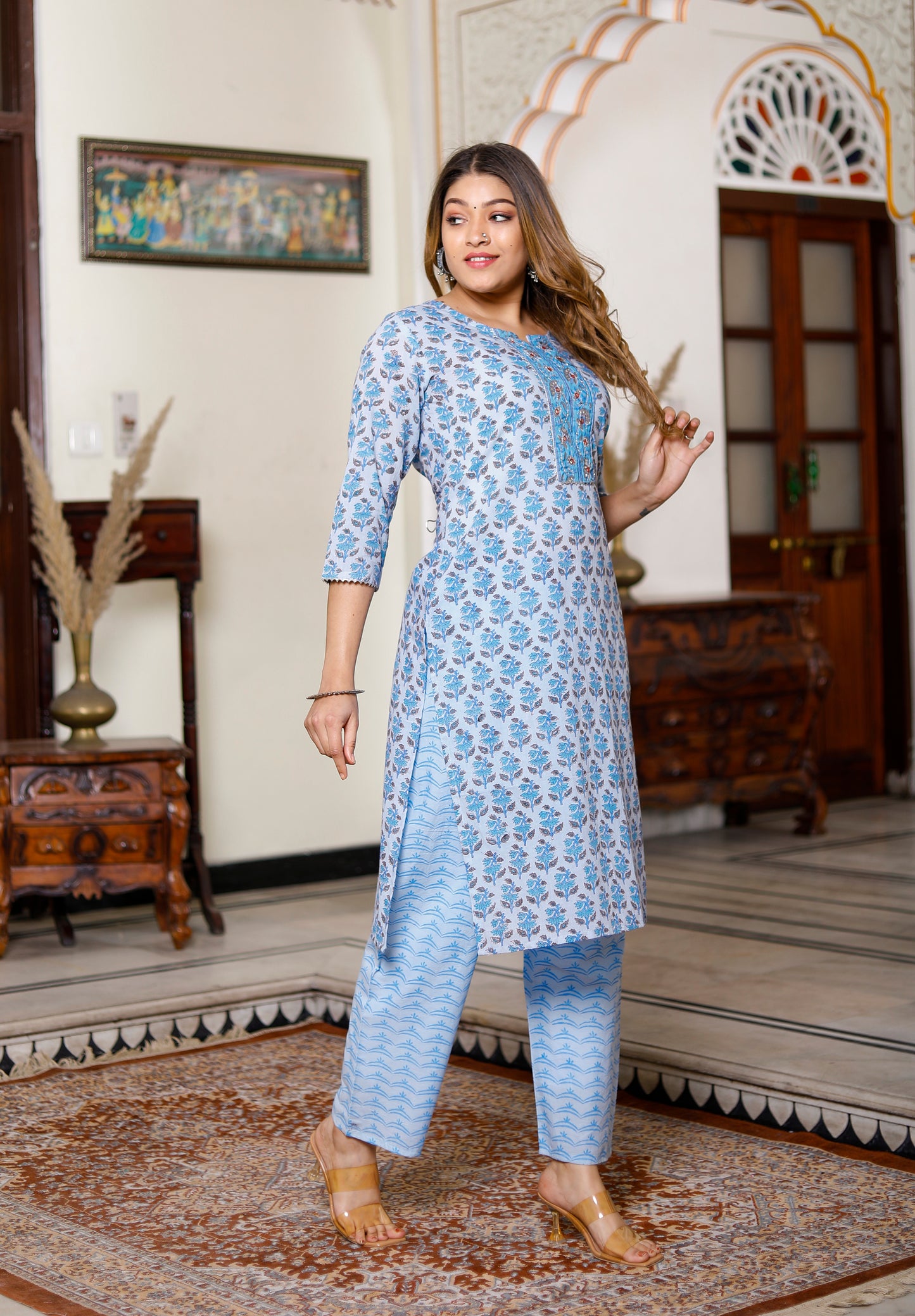 PoshArt Sky Blue Thread and Sequence Work Kurta Pant with Dupatta