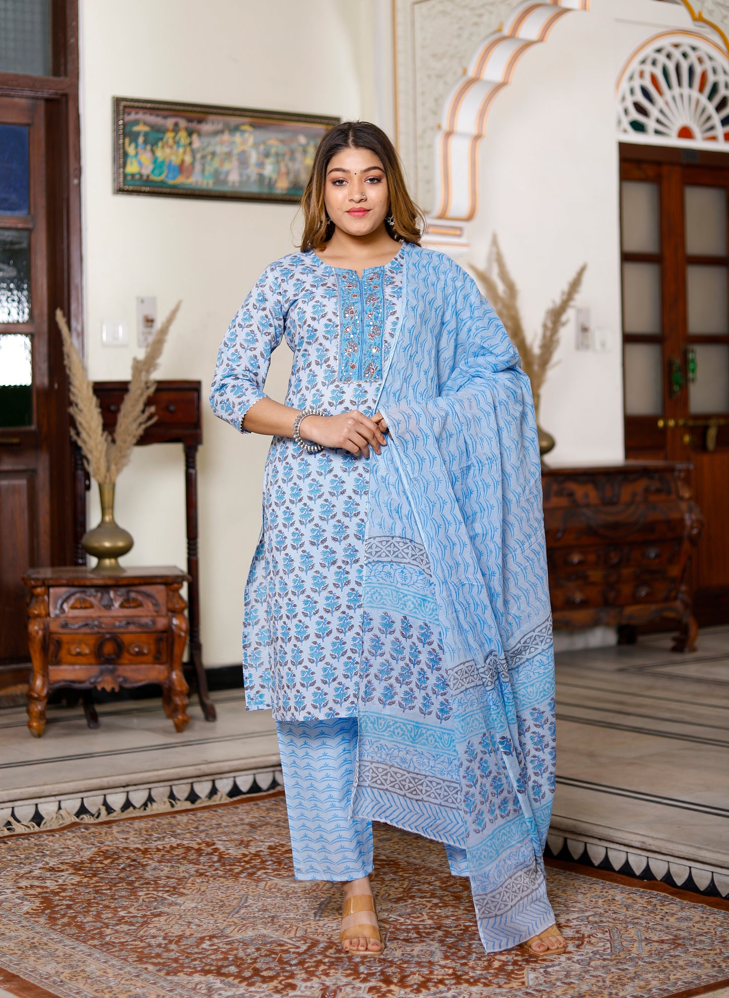 PoshArt Sky Blue Thread and Sequence Work Kurta Pant with Dupatta