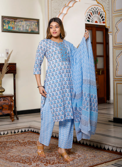 PoshArt Sky Blue Thread and Sequence Work Kurta Pant with Dupatta