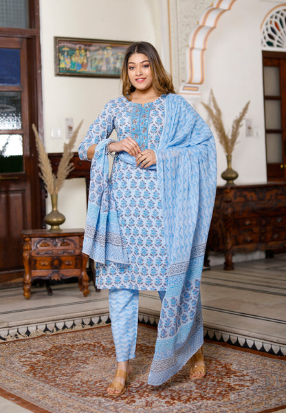 PoshArt Sky Blue Thread and Sequence Work Kurta Pant with Dupatta