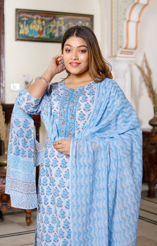 PoshArt Sky Blue Thread and Sequence Work Kurta Pant with Dupatta