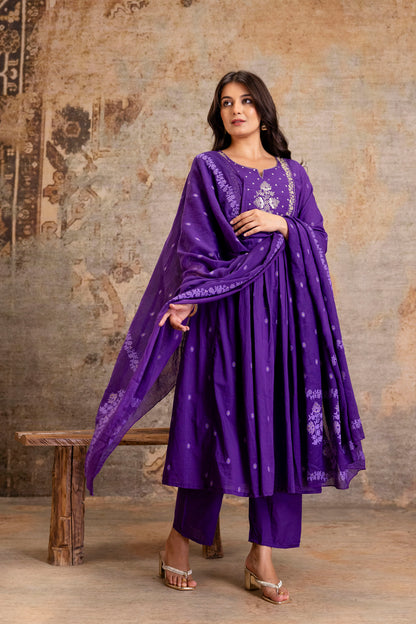 Poshart Handwork Zari Kurta Pant Duptta Set