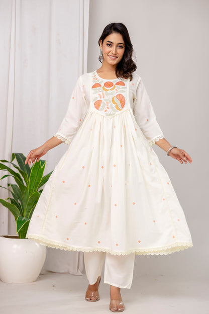 Poshart White Printed Cotton Kurta Pant duptta Set