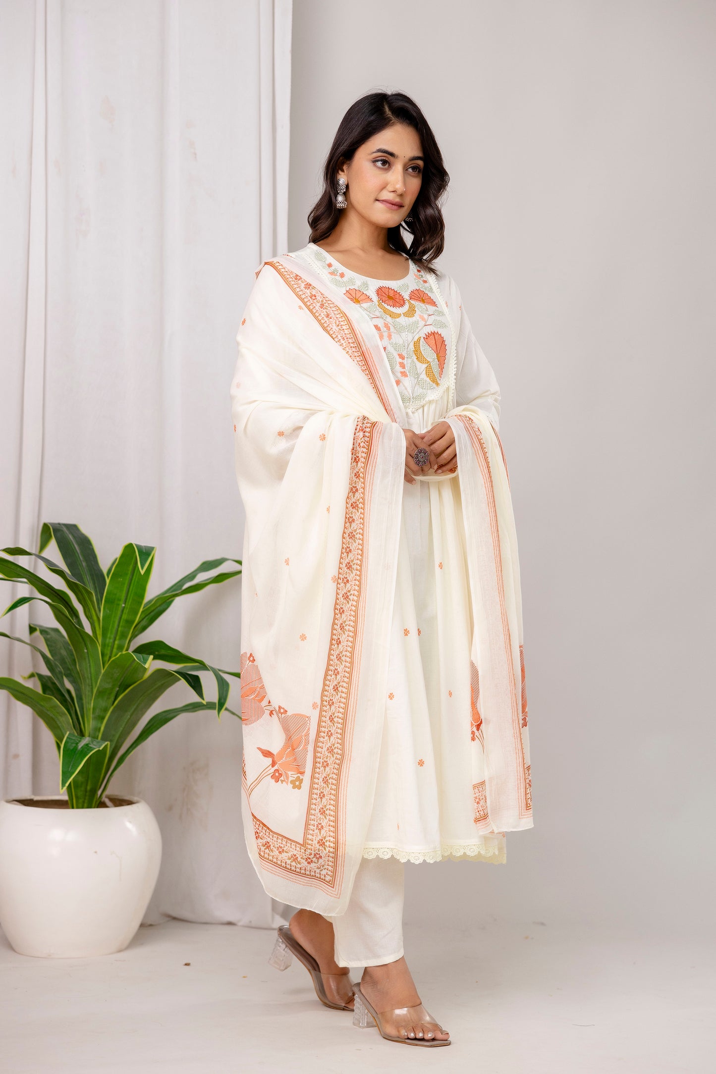 Poshart White Printed Cotton Kurta Pant duptta Set
