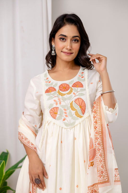 Poshart White Printed Cotton Kurta Pant duptta Set