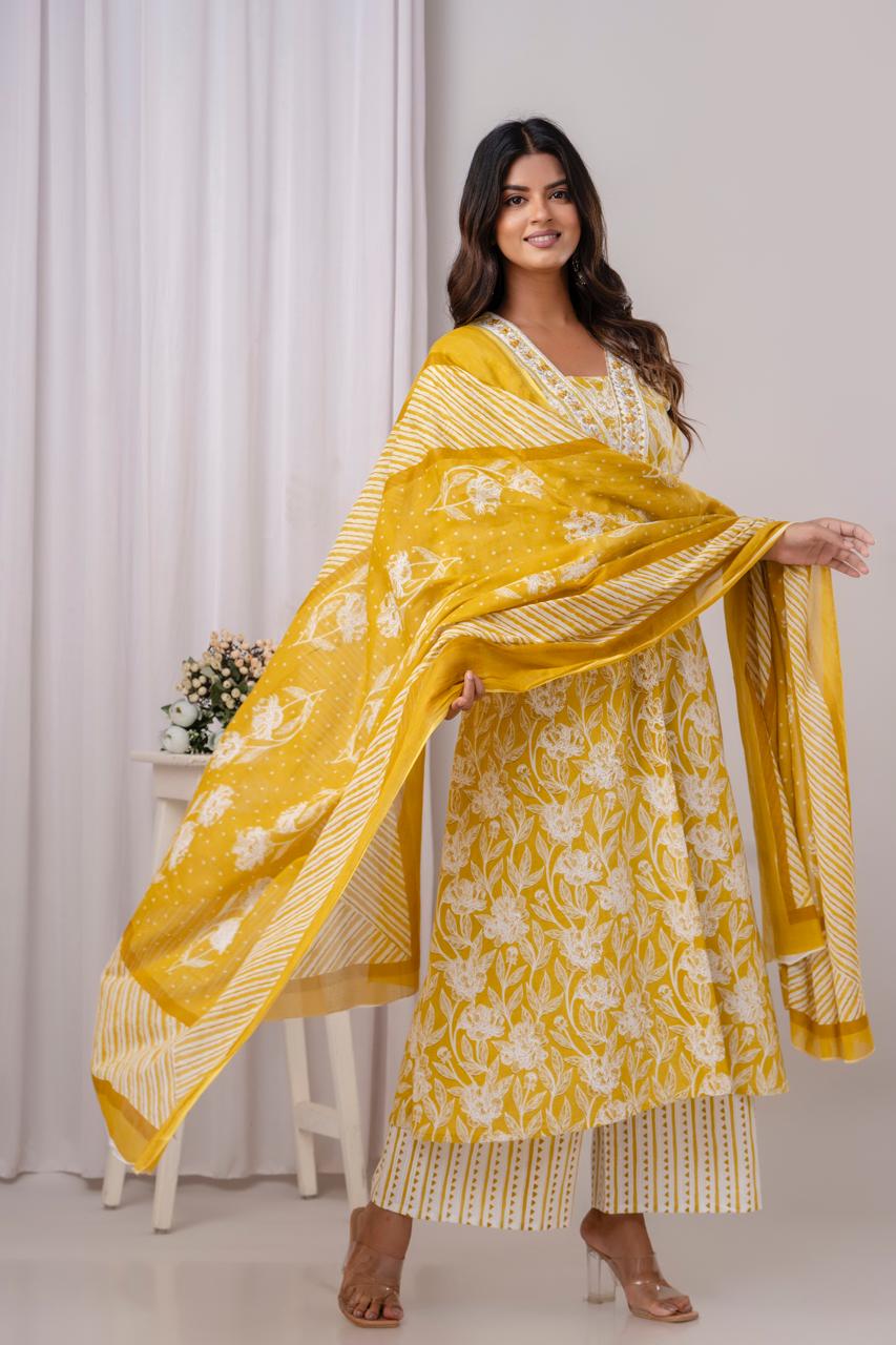 PoshArt Yellow Floral A-Line Kurta Set With Dupatta