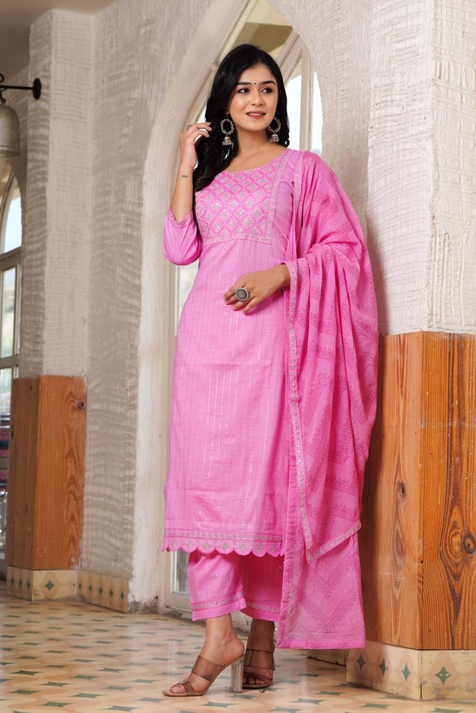 PoshArt Pink Lurex Kurti Pant With Duptta Set