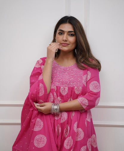 PoshArt Pink Bandhej A-Line Kurta Set With Dupatta