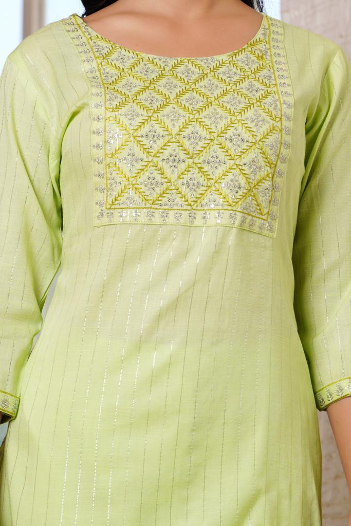 PoshArt Green Lurex Kurti Pant With Duptta Set